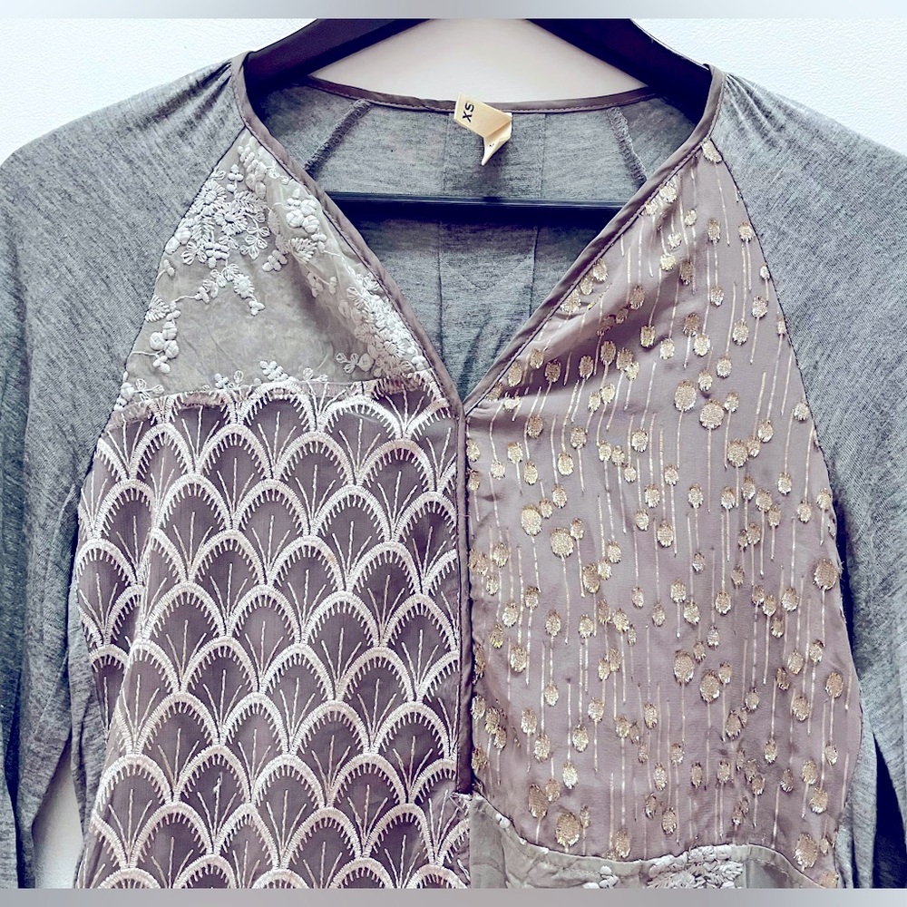 Anthropologie Tiny Mixed Media Patchwork Gray Top… - image 3